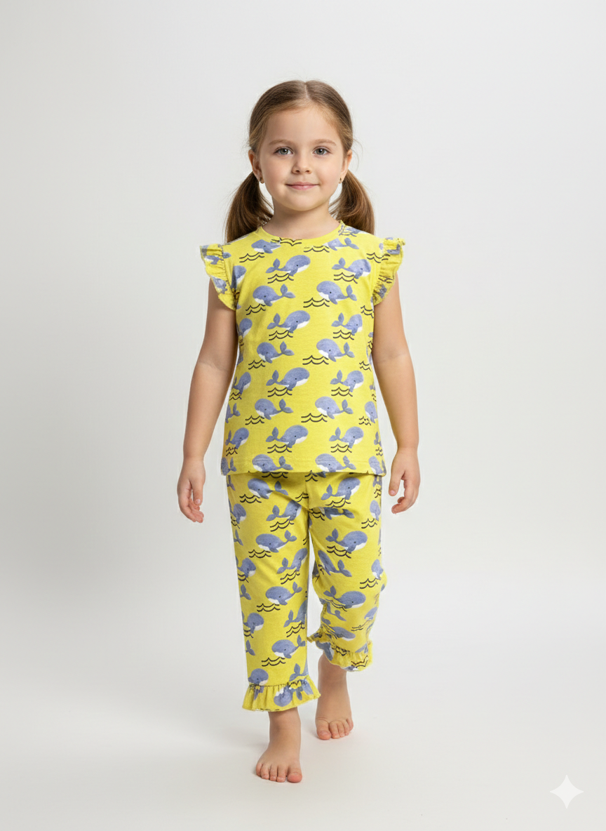 Yellow With Grey Whales π -Sleeveless 3/4 Set