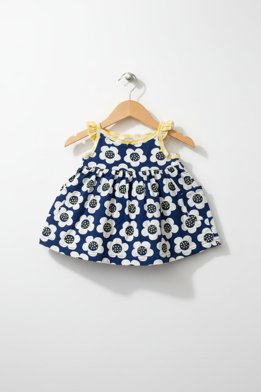 Navy white flowers -Baby Sleeveless Frock