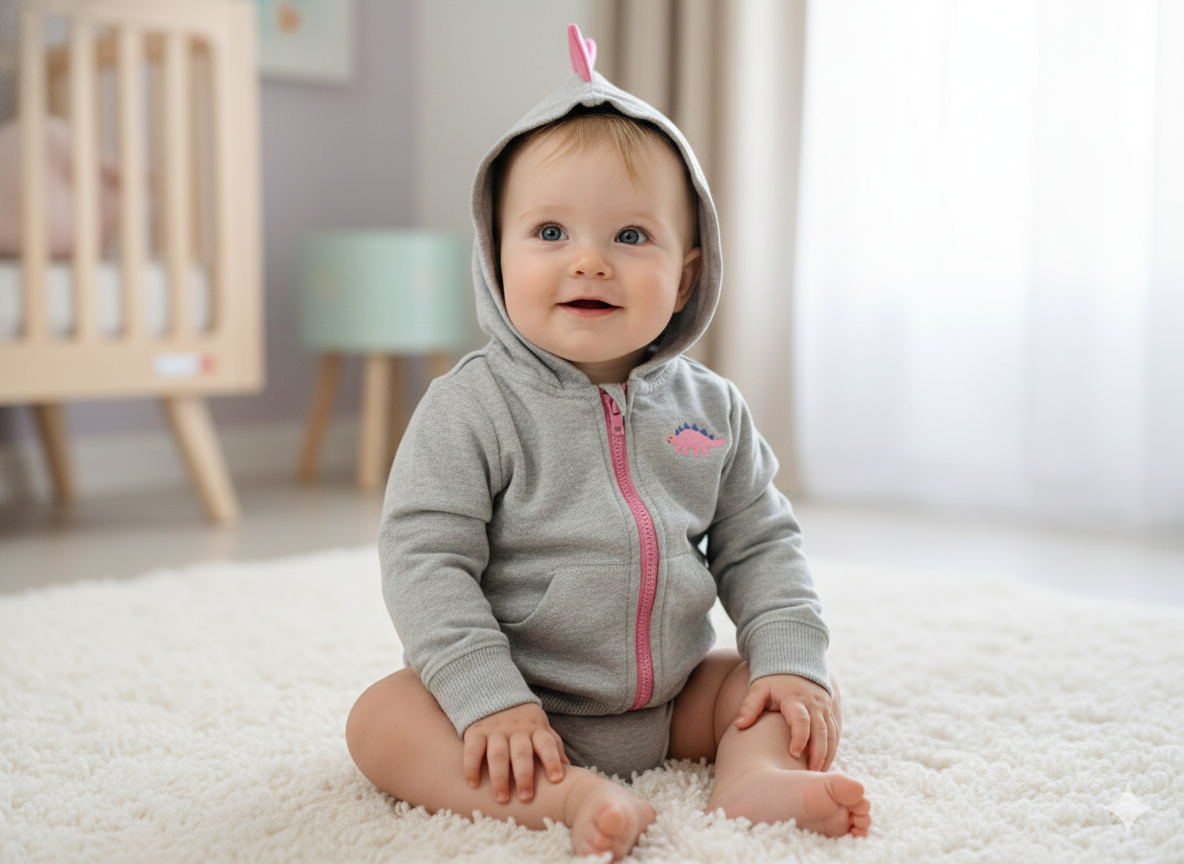 Grey pink dinosaur-Baby winter hoodie