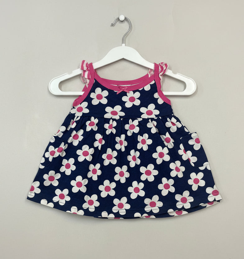 Navy flowers with packet - Baby Sleeveless Frock