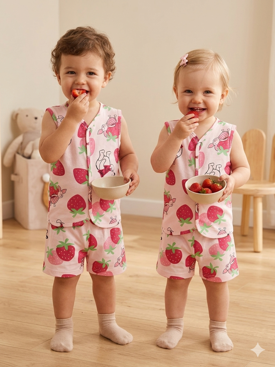 Light Pink with Strawberry π- Sleeveless Jabla shorts set