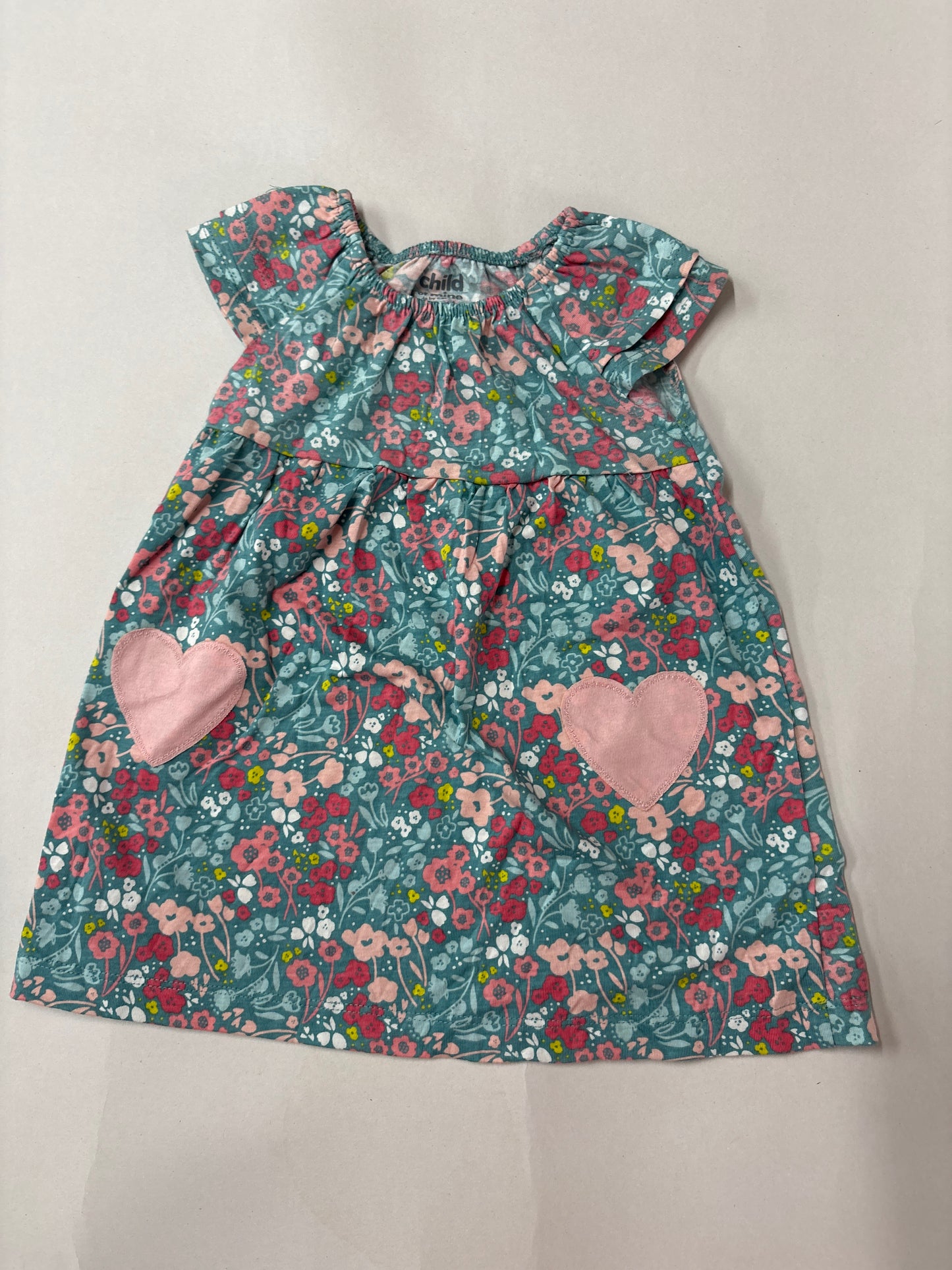 Green floral with pink heart -Baby Half Sleeve frock
