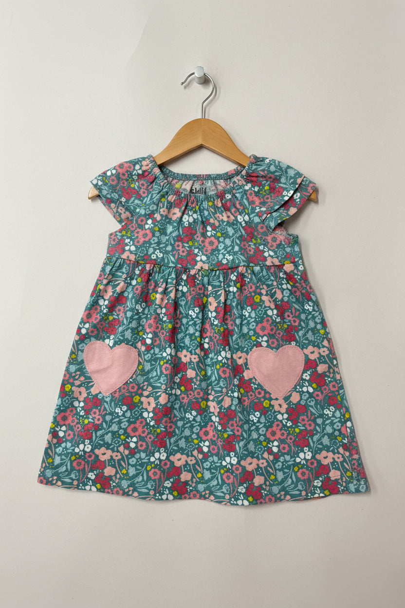 Green floral with pink heart -Baby Half Sleeve frock