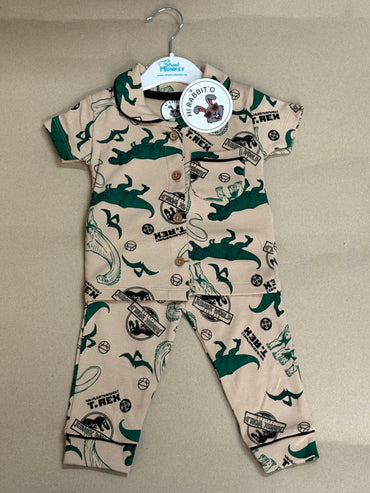 Beige and green dinosaur 🦖 - Baby Collar Night Suits