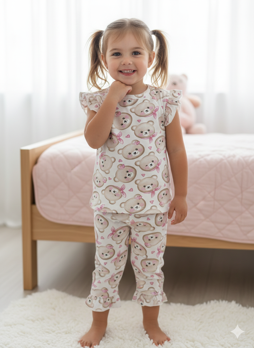 White With Brown Pink Teddy -Sleeveless 3/4 Set