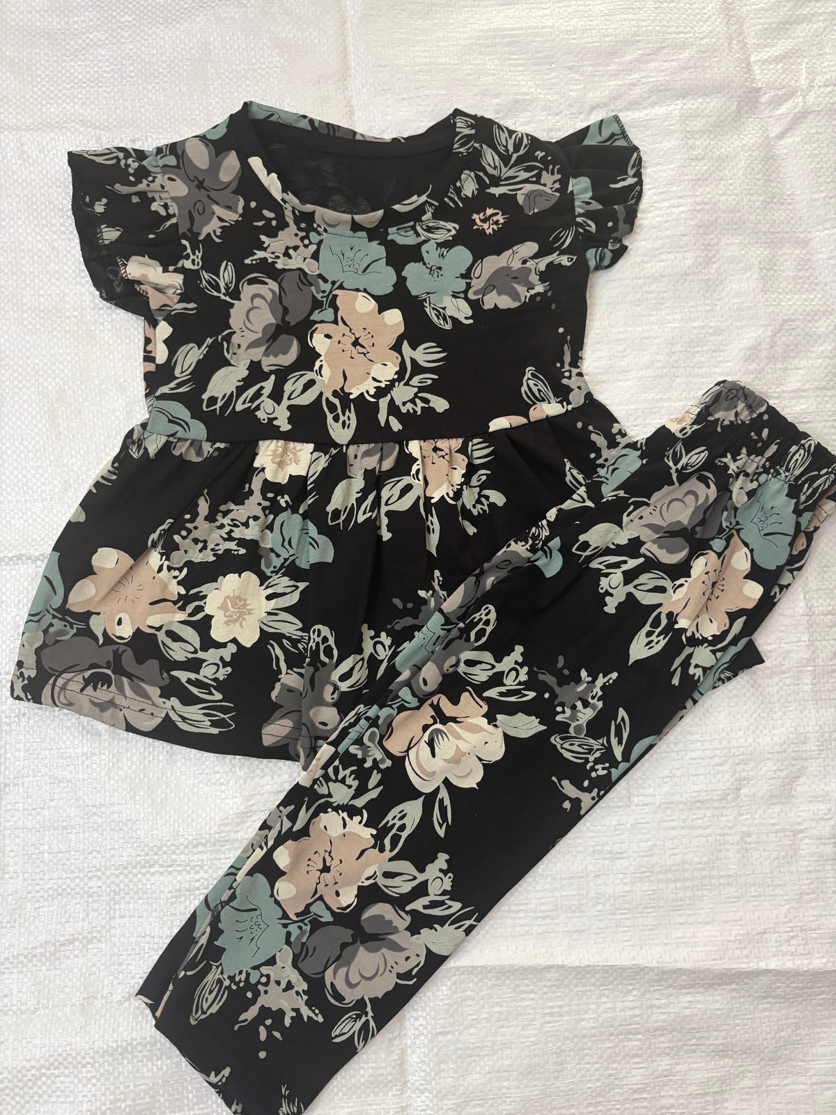 Black base with yellow and green floral Peplum Co-Ord Girls Set