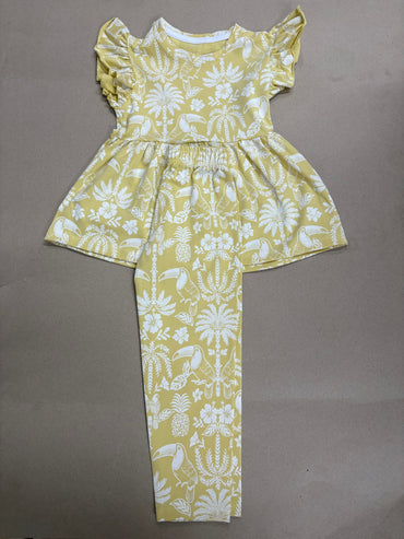 Mustard yellow and white tropical print21/8-Peplum Girls set