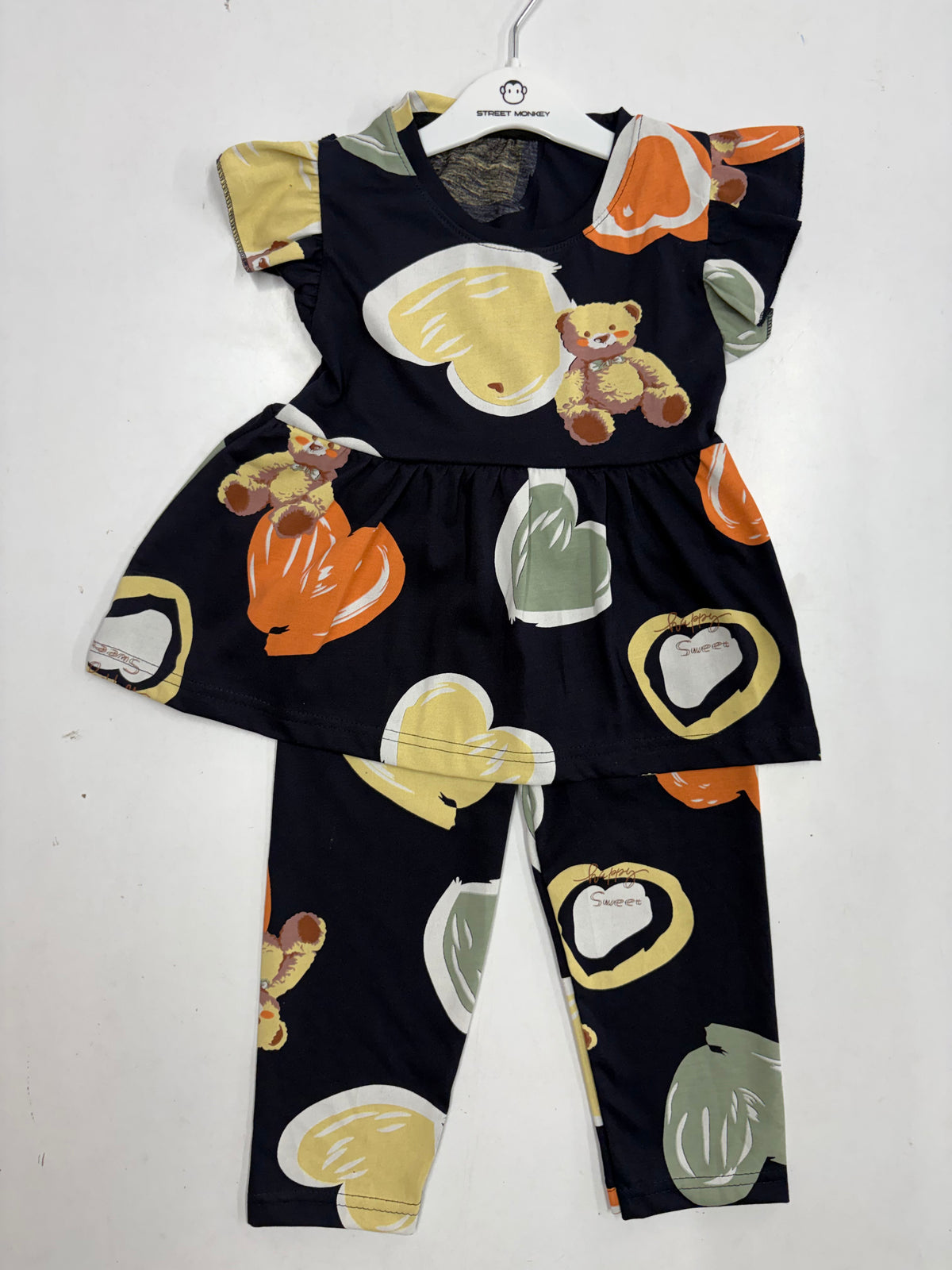 Black with multi heart, peplum co - ord girls set Sep