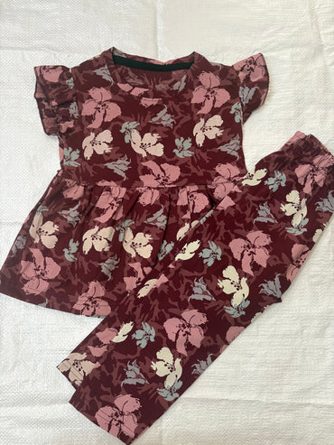 Maroon with pink and off-white floral Peplum Co-Ord Girls Set