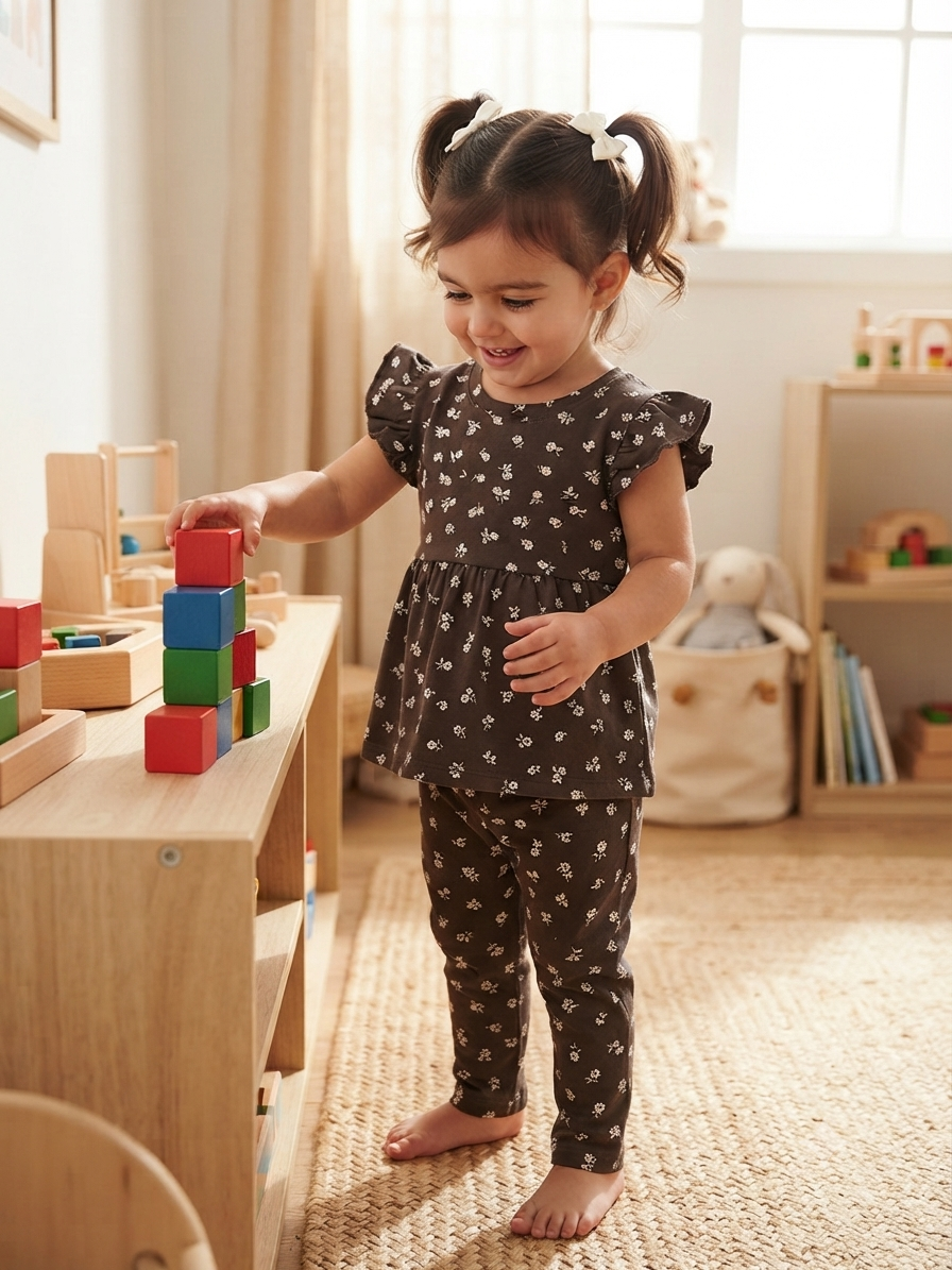 Dark grey and white floral print -Girls set