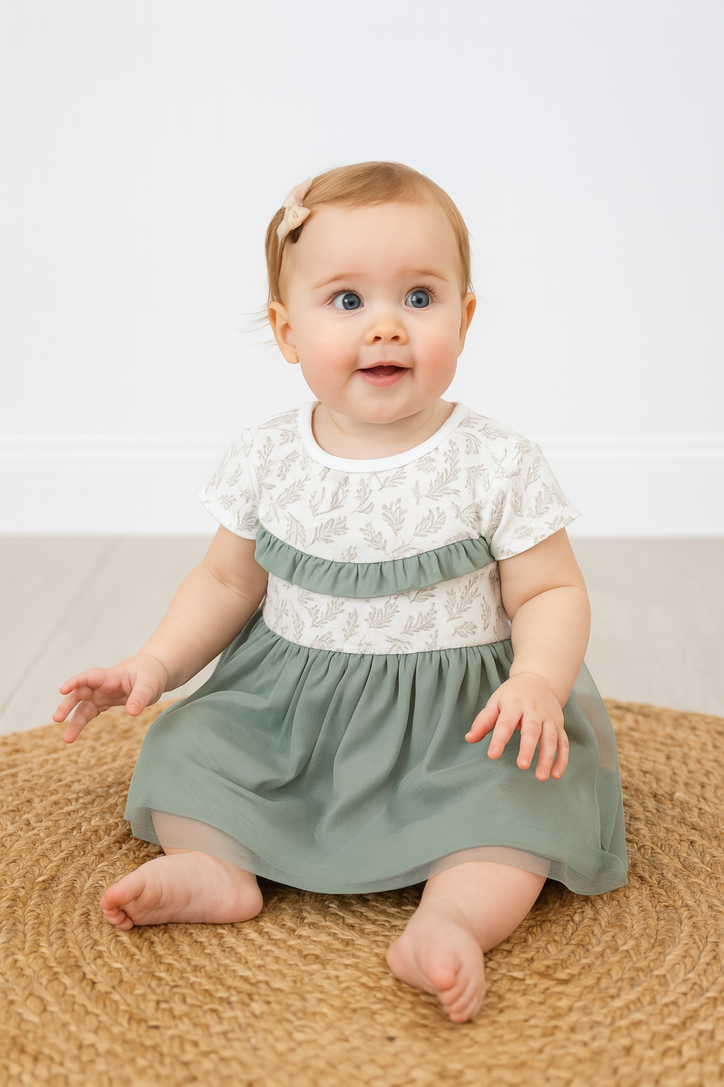 White with Green Net Frock - Girls Frock
