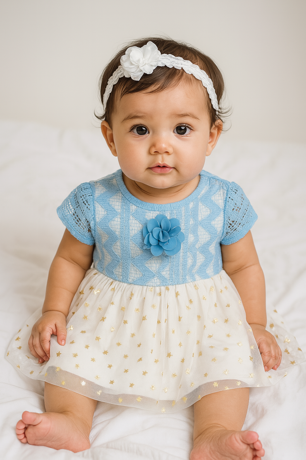 Sky blue with white Net Frock - Girls Frock