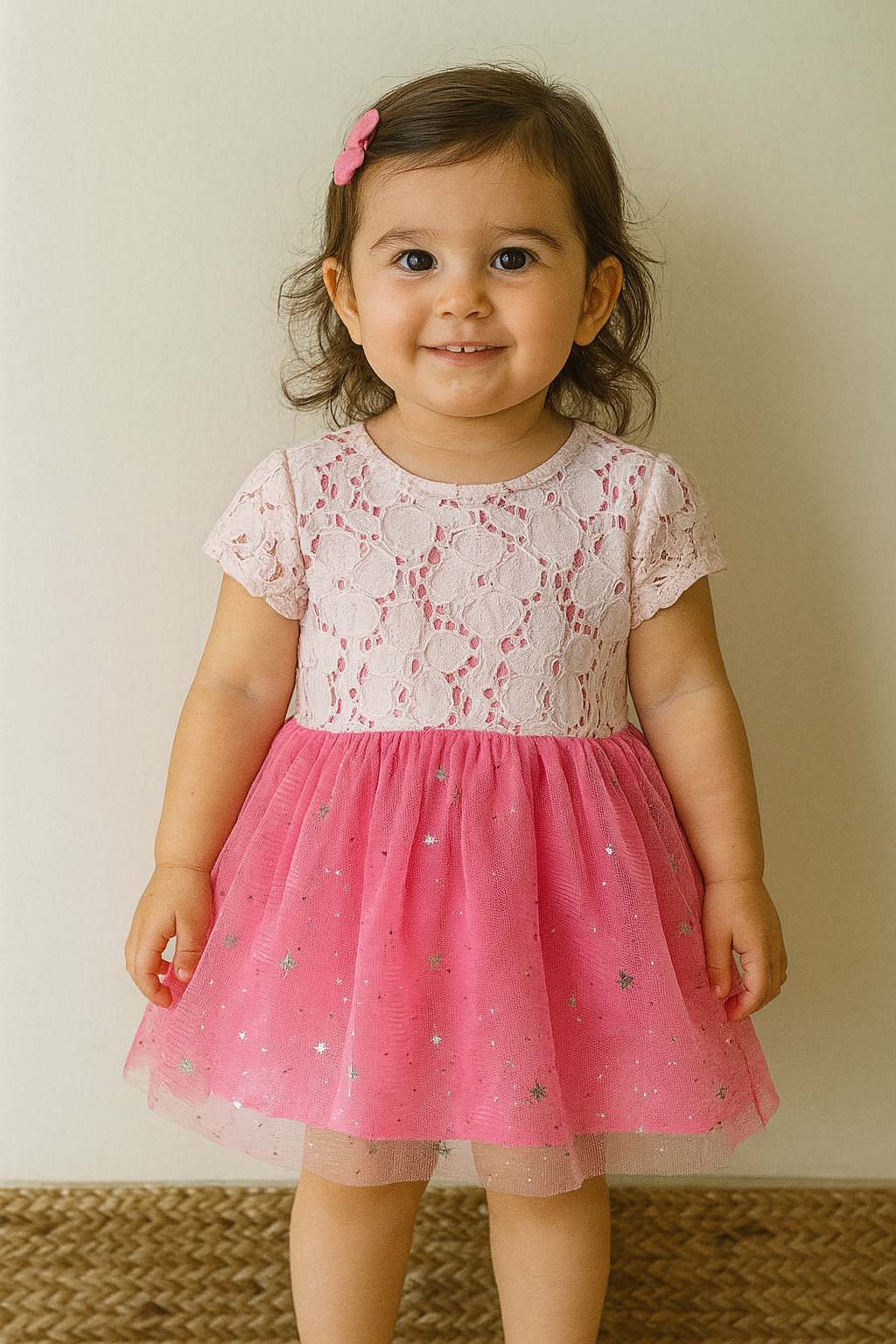 Pink with silver star net Frock - Girls Frock