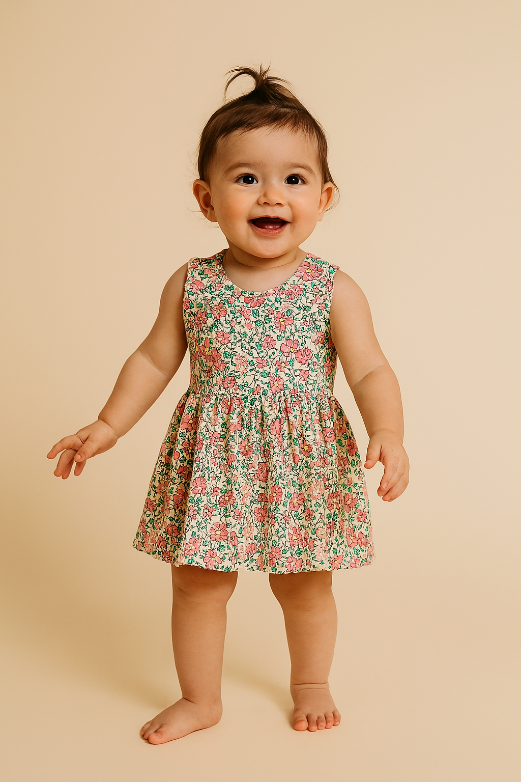 Green& pink Flowers - Girls Sleeveless Frock