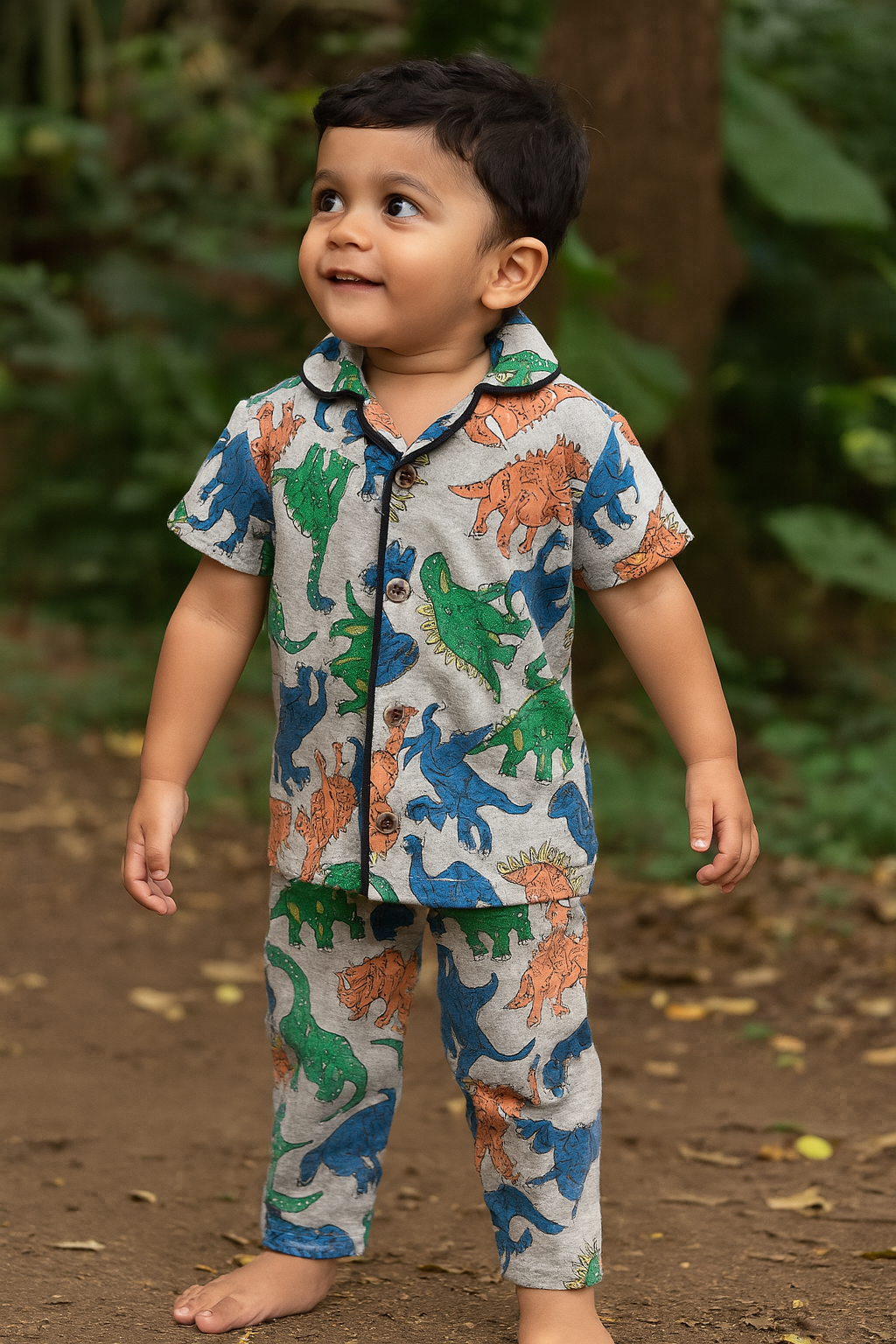 Grey Dino - Kids Collar Night Suit