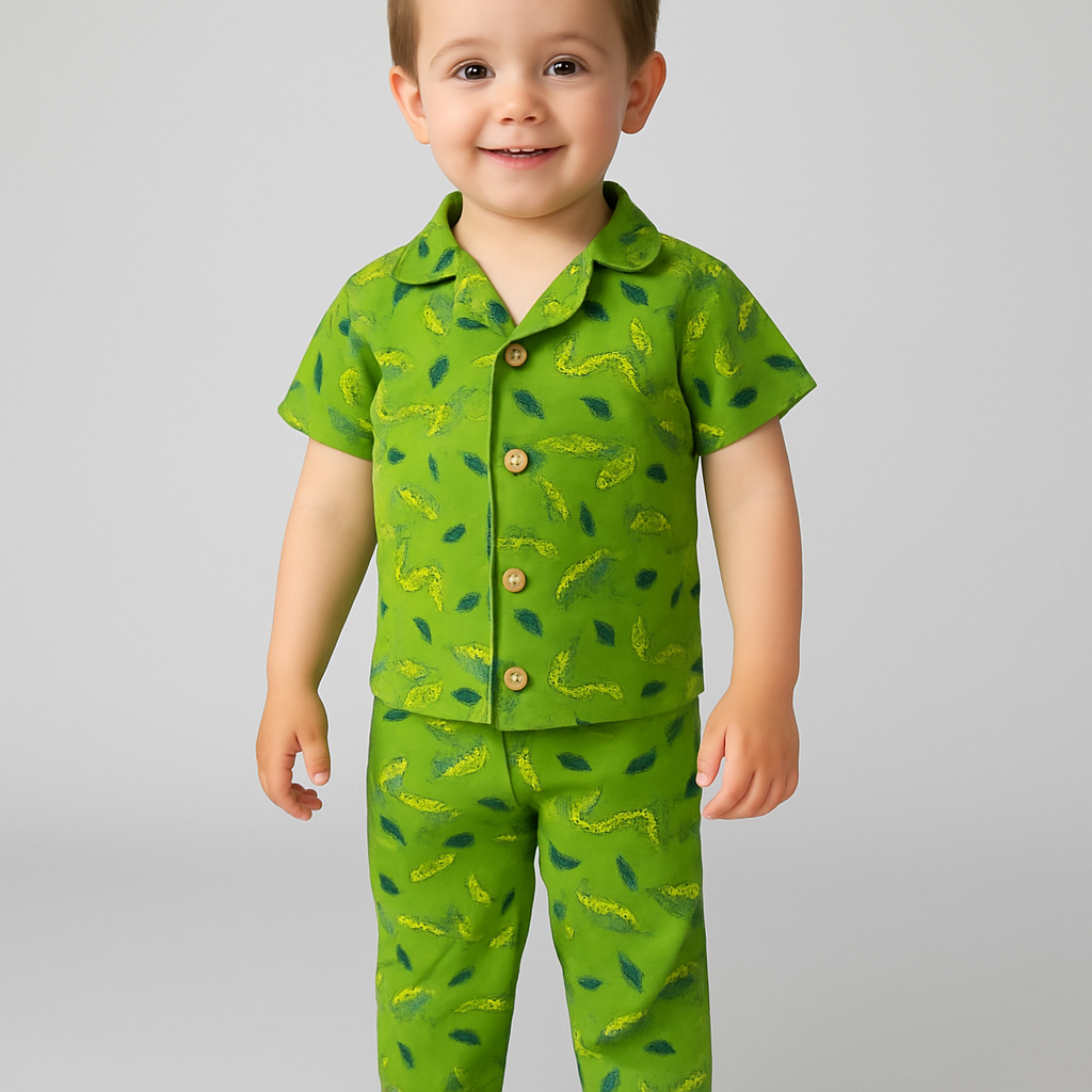 Green with worms- Kids Collar Night Suit
