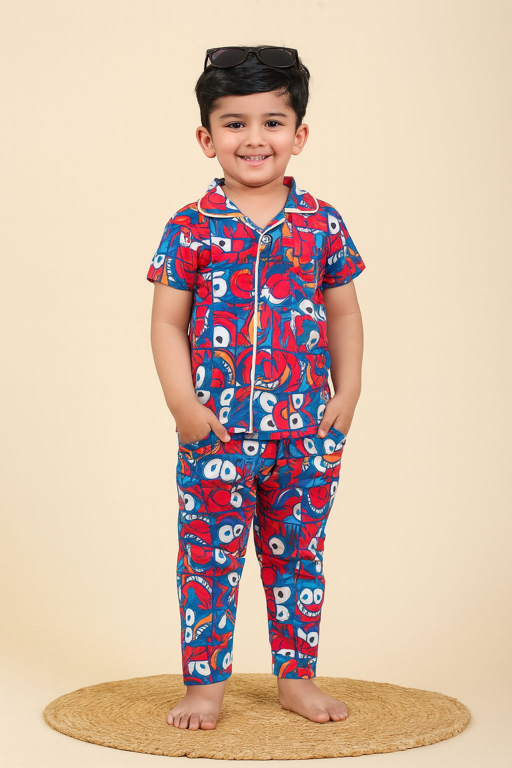 Blue with red character - Kids Collar Night Suit