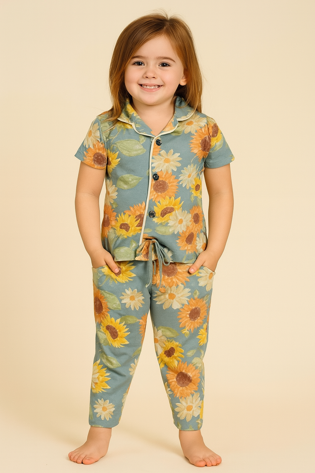 Grey Sunflower - Kids Collar Night Suit