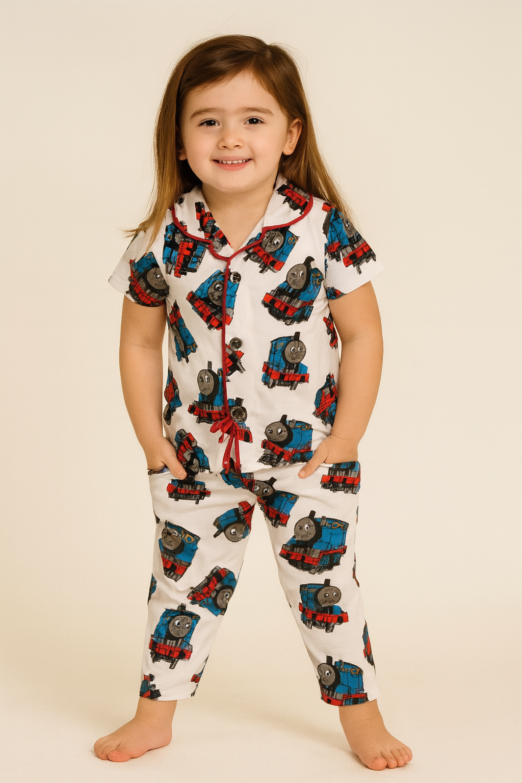 white Trains - Kids Collar Night Suit