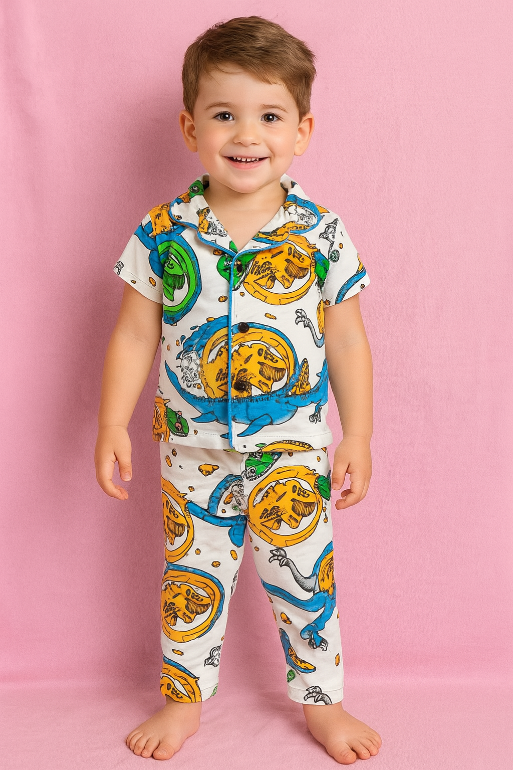 Kids Collar Night Suit - WHITE WITH COLOUR
