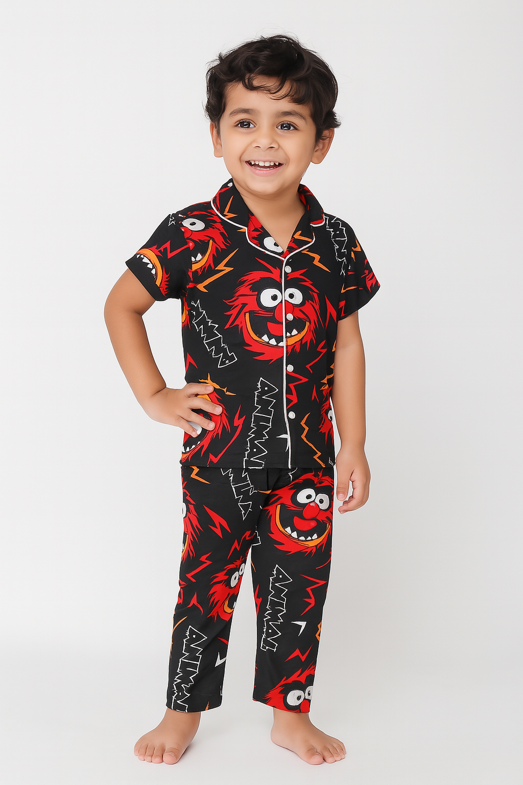 Kids Collar Night Suit - BLACK CATROON PRINT