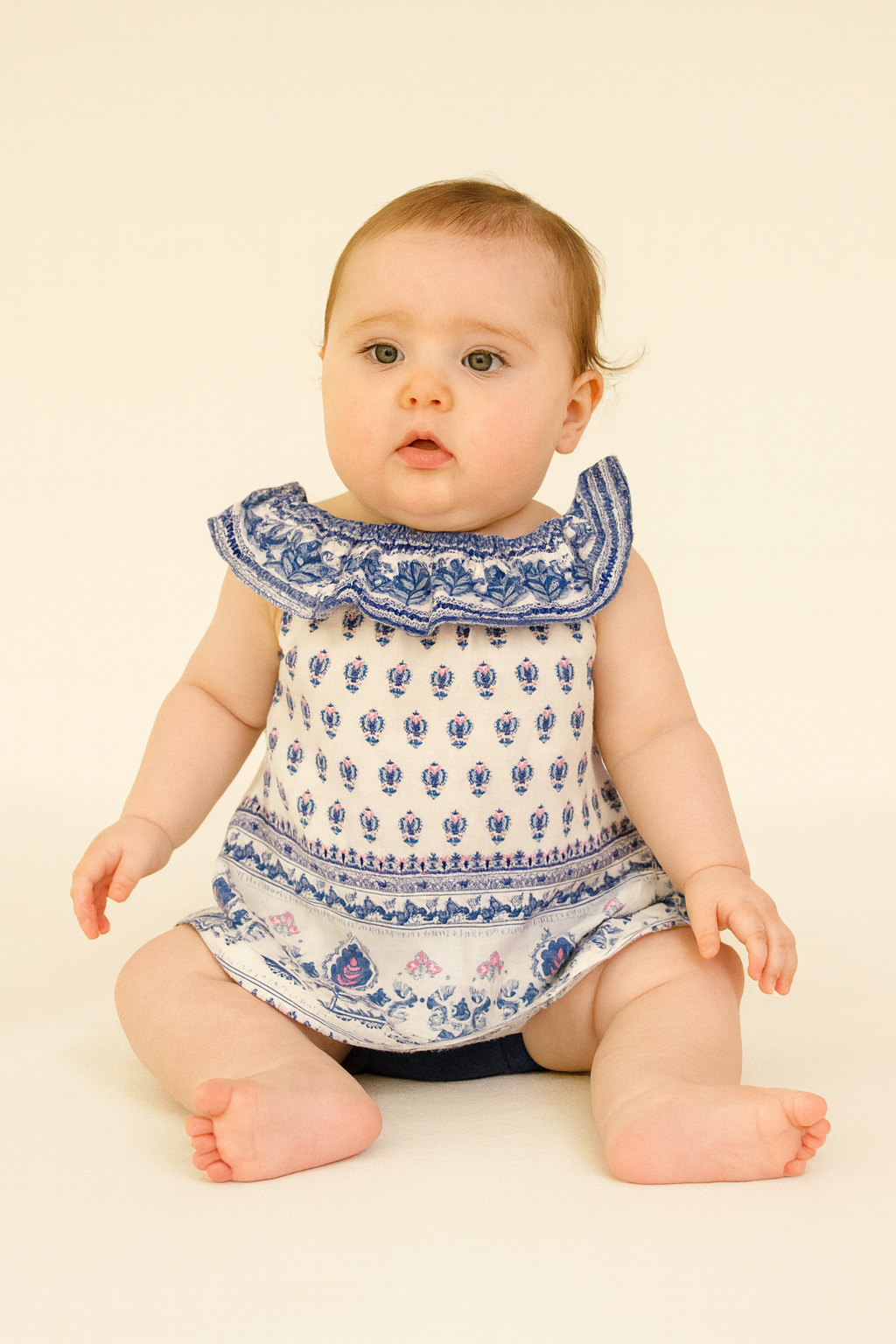 White with blue Onesie frock