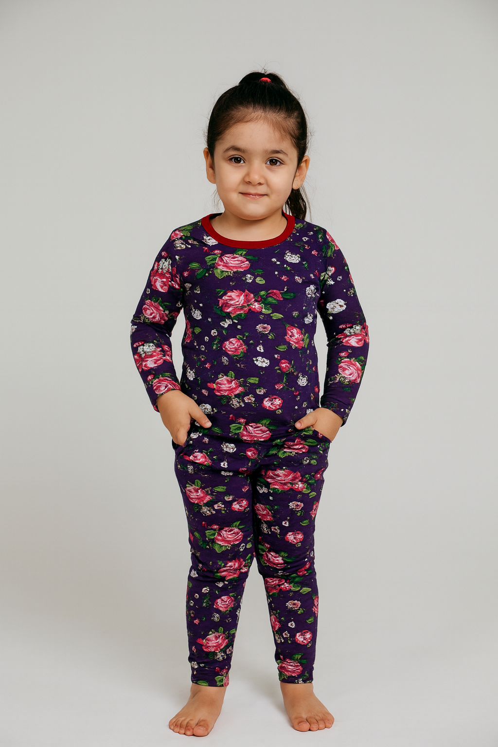 Violet with pink flowers Premium loop net IN-023-LoopKnit Pajama sets