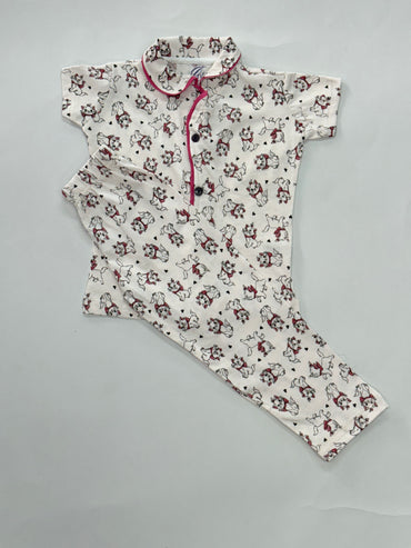 Off White with kitty Collar Night Suit ,Sep:::005