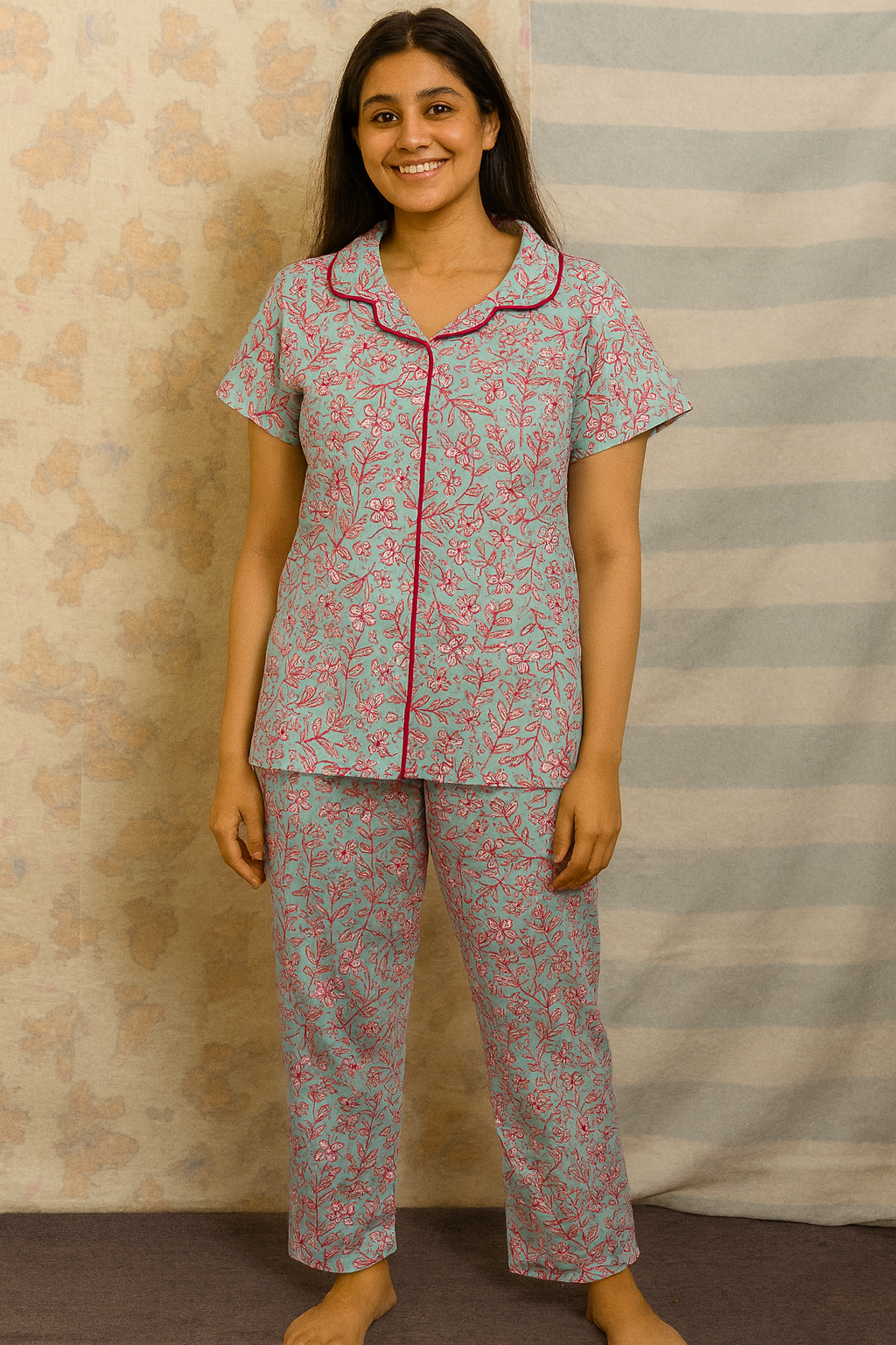 Women’s Collar Night Suits Green with pink floral