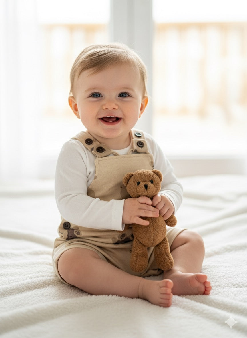 White with brown teddy - Dungaree