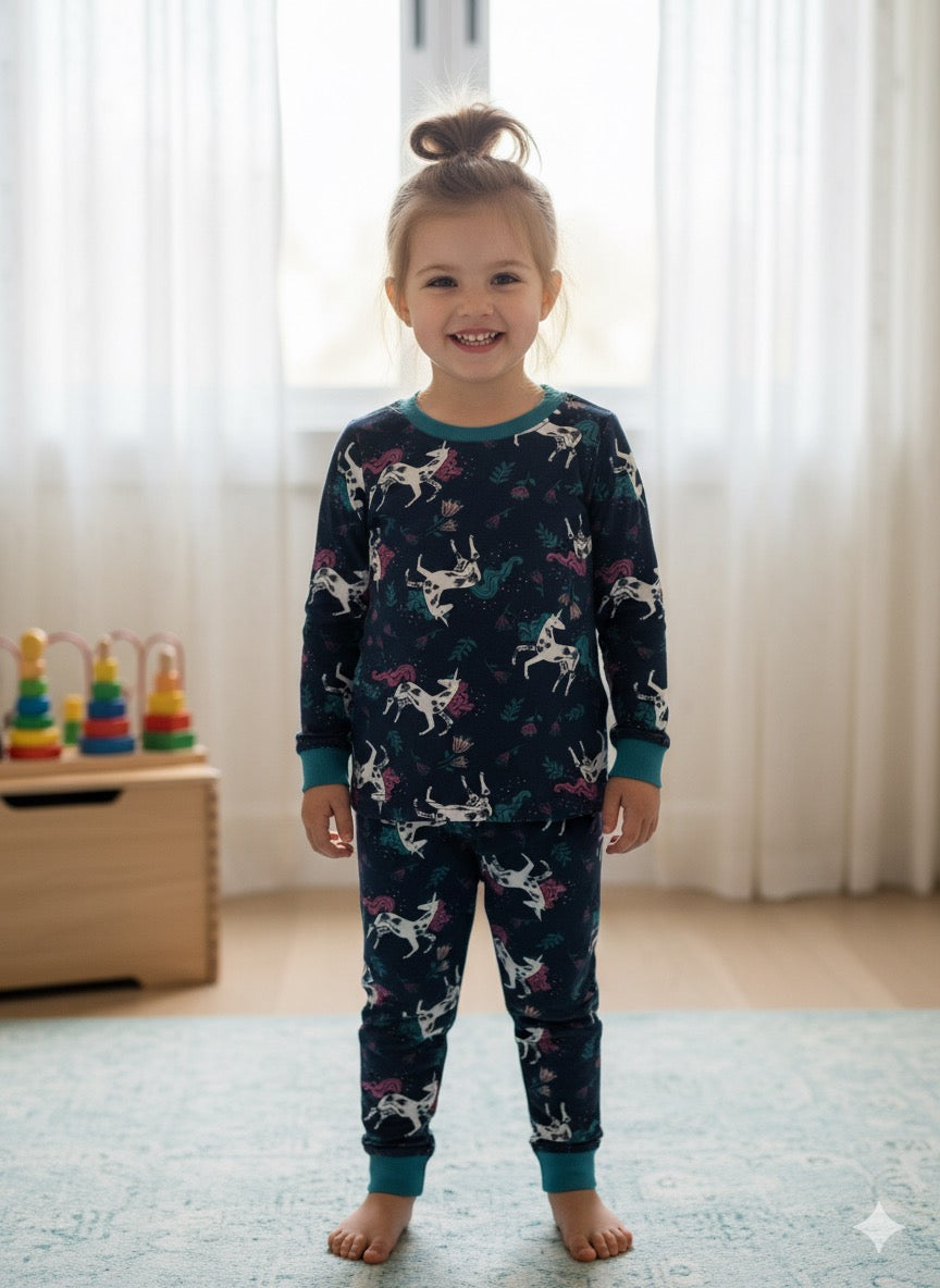 Navy with white unicorn Premium loop net IN-033-LoopKnit Pajama sets