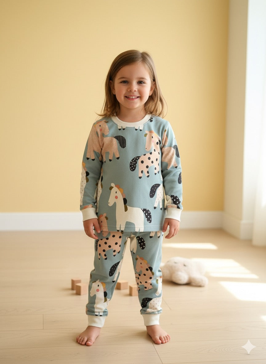 Light green with unicorn Premium loop net IN-029-LoopKnit Pajama sets
