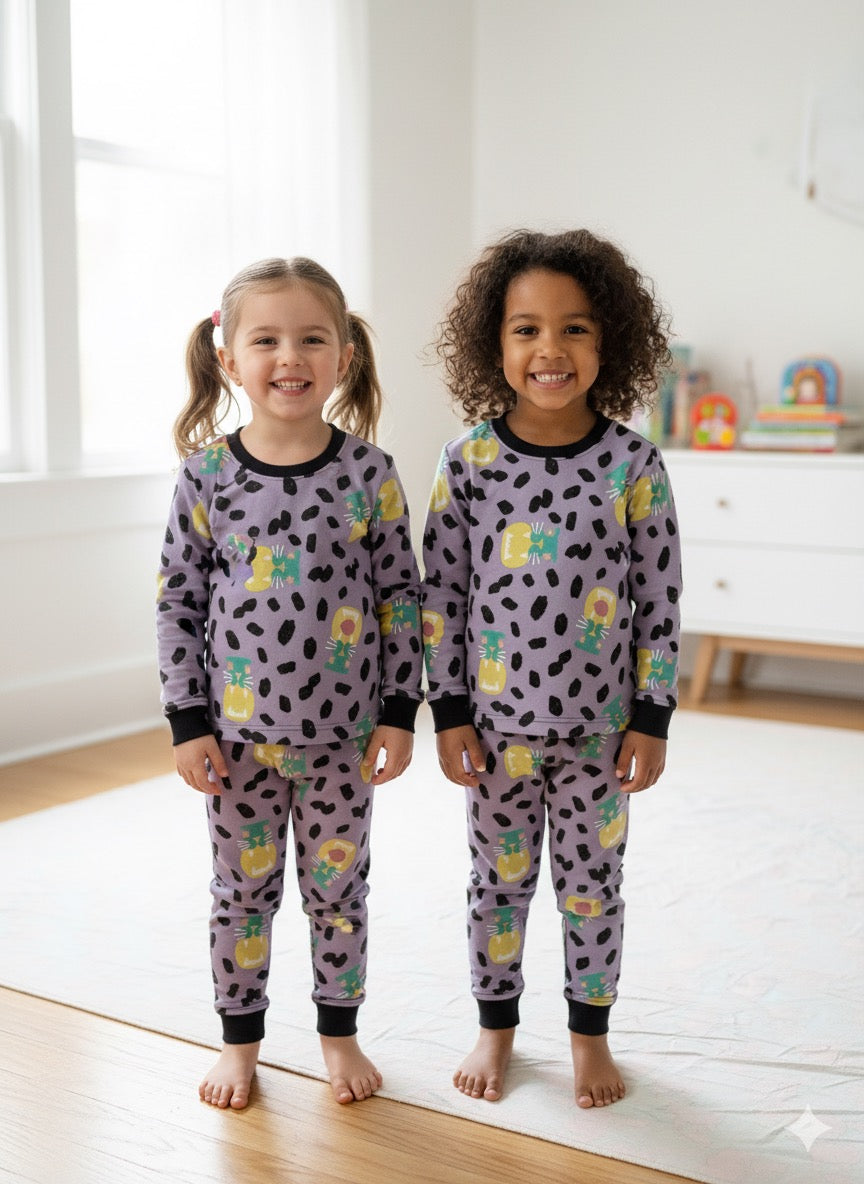 Violet withLeopardPremium loop net IN-027-LoopKnit Pajama sets