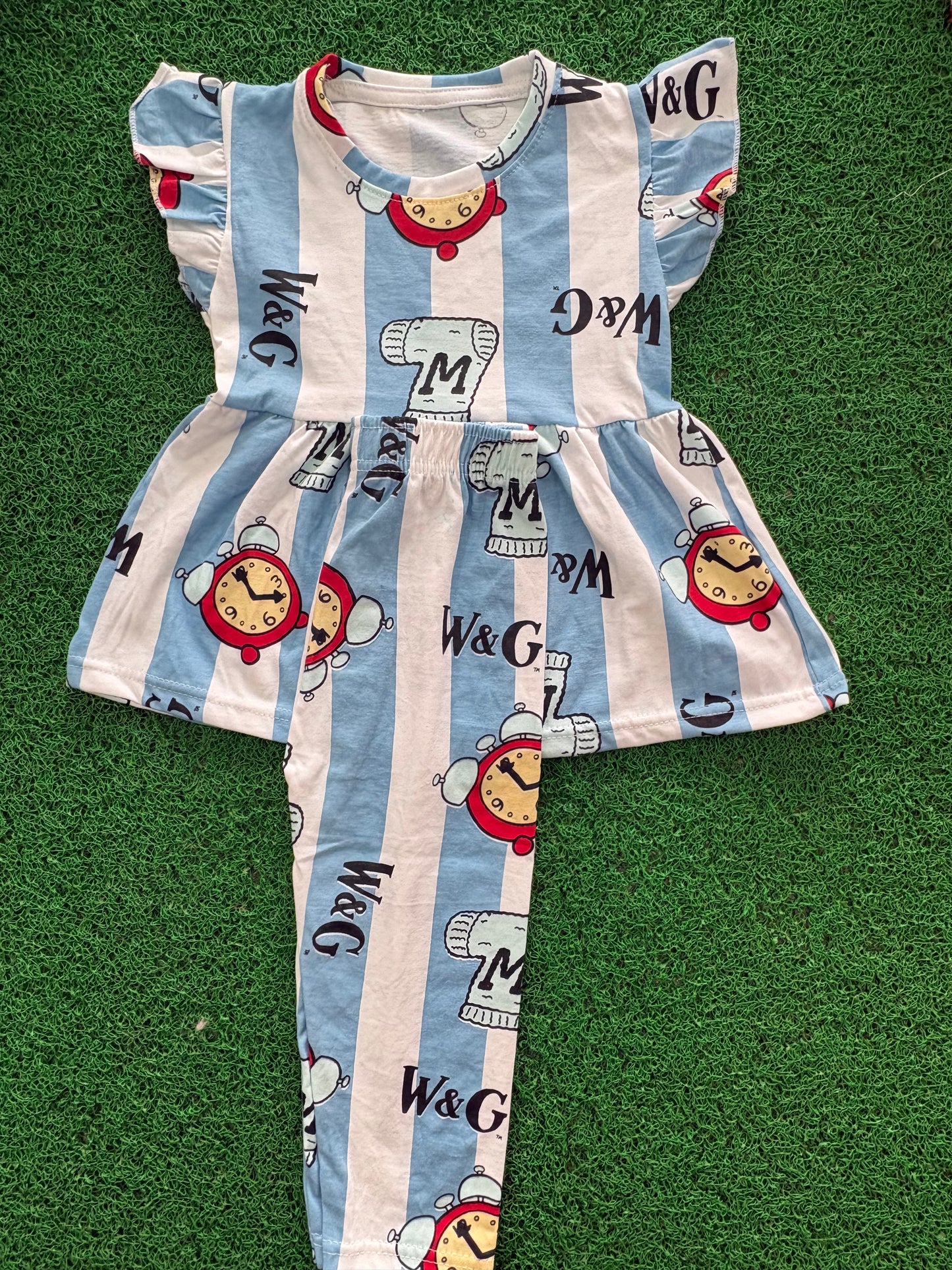 Sky Blue & white clock ⏱️ peplum co- ord girls set
