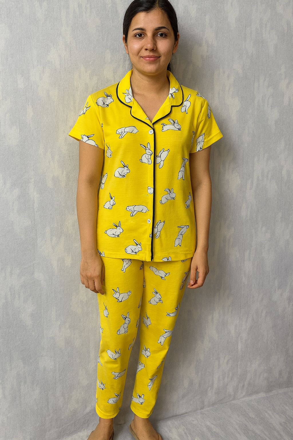 Women’s Collar Night Suits yellow Rabbit.