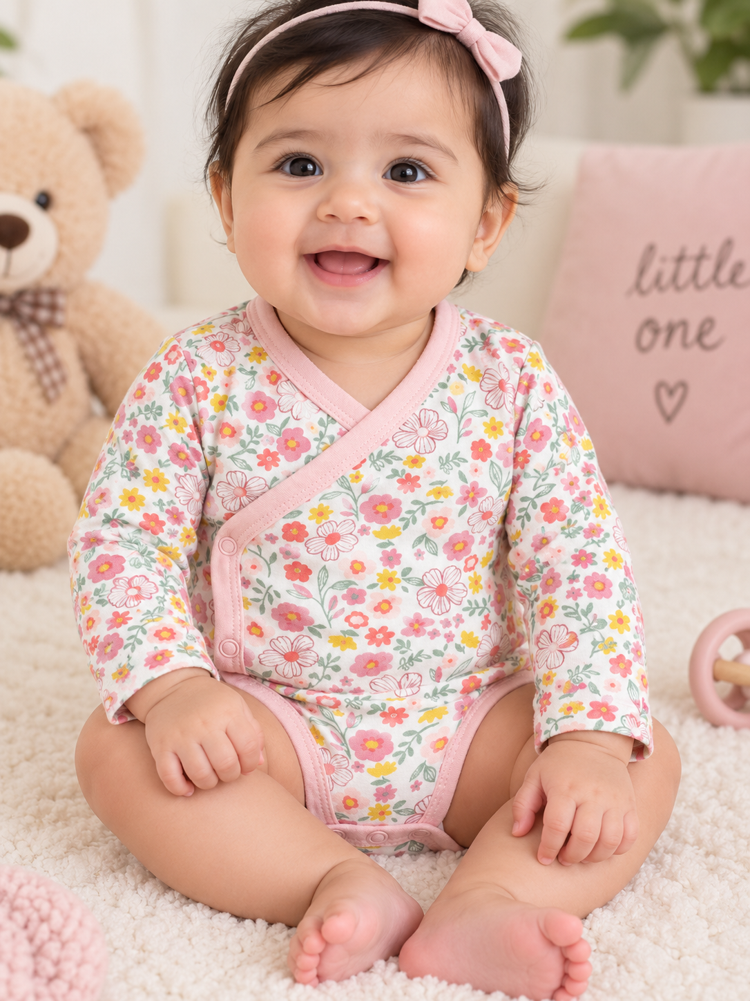 white/cream with a pastel floral print and light pink baby romper