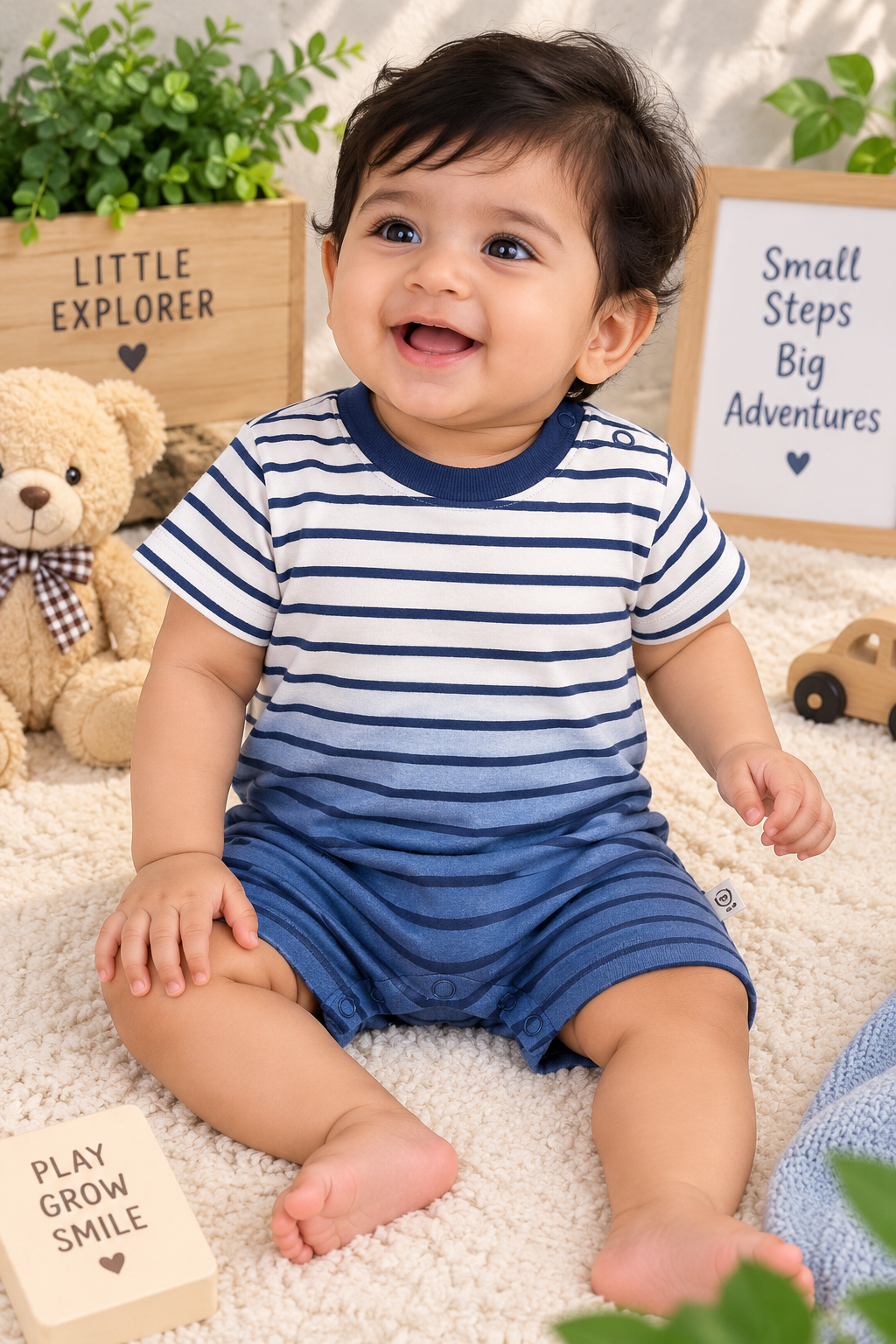 White &Blue base stripes baby half jumpsuit