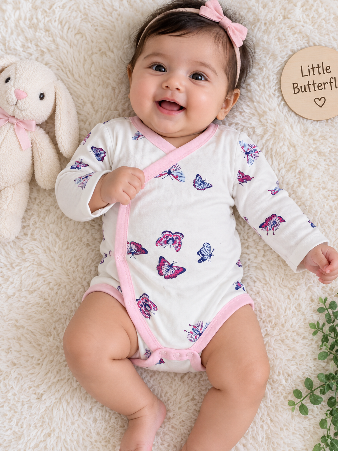 Soft white Butterflies pink baby romper