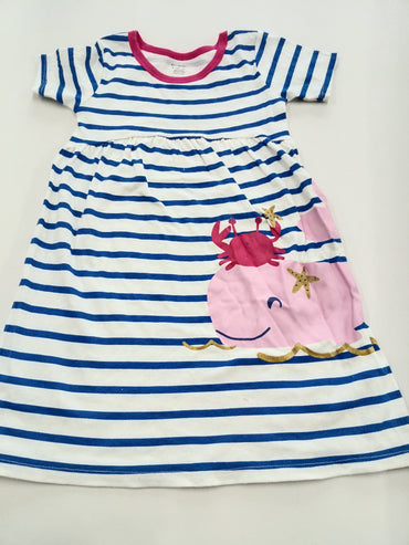 White & blue line crab image- Frock