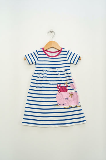White & blue line crab image- Frock