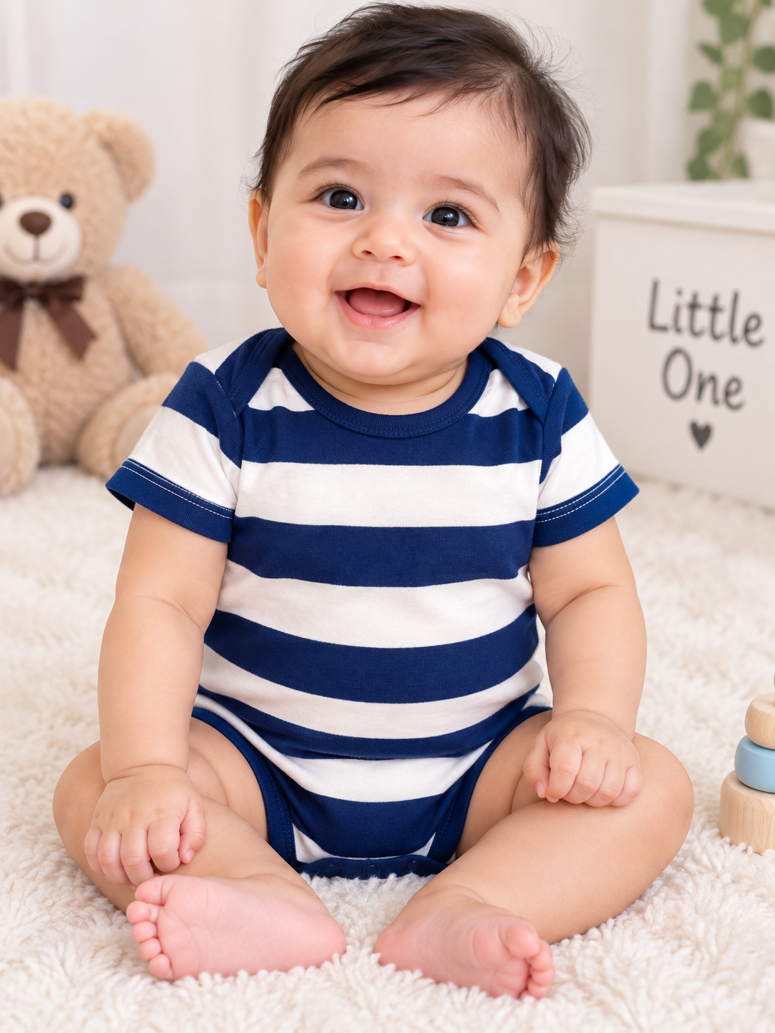 Navy blue and white striped.