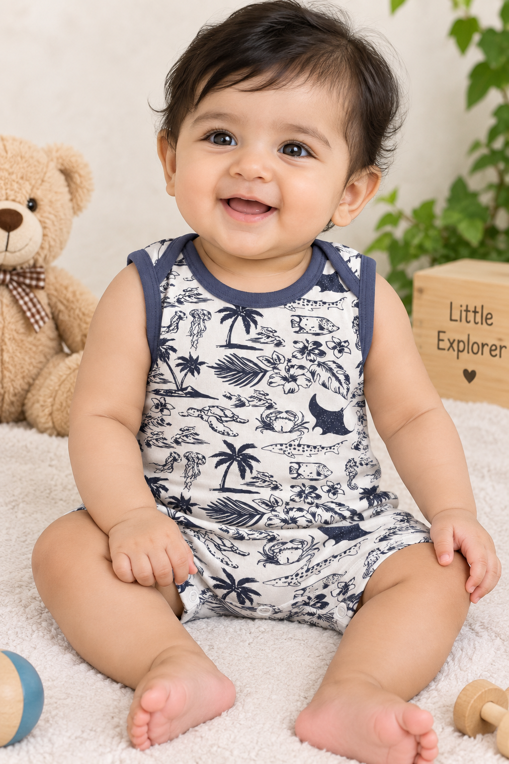 Half white with Navy blue print baby Half jumpsuit