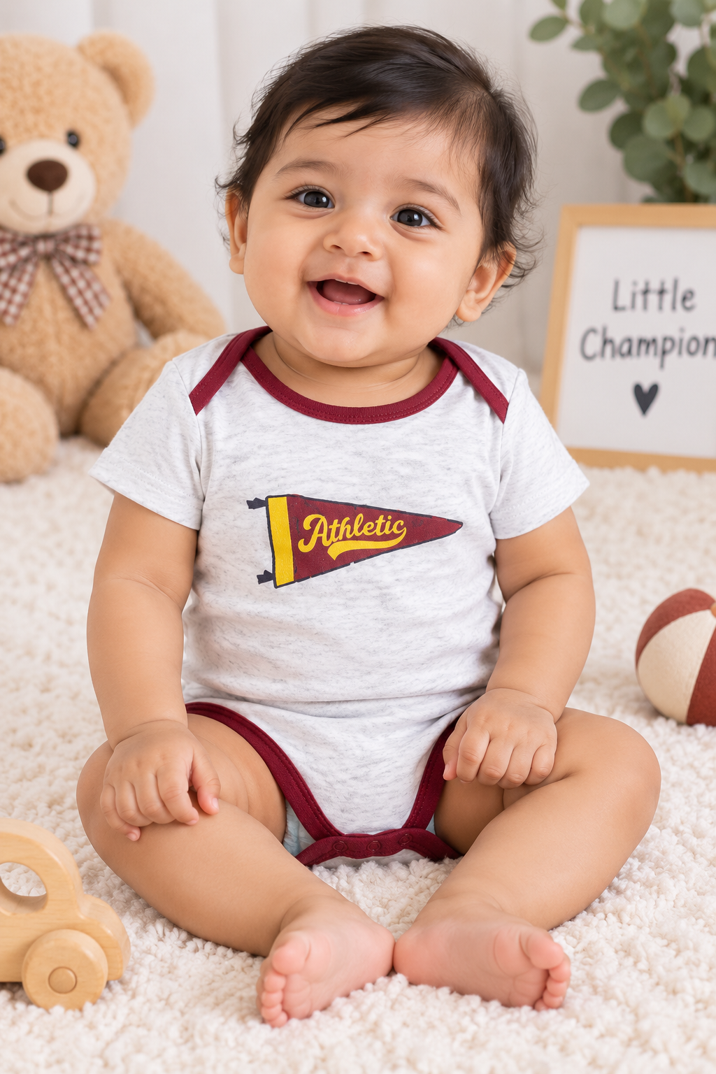 Beige base athletic baby romper