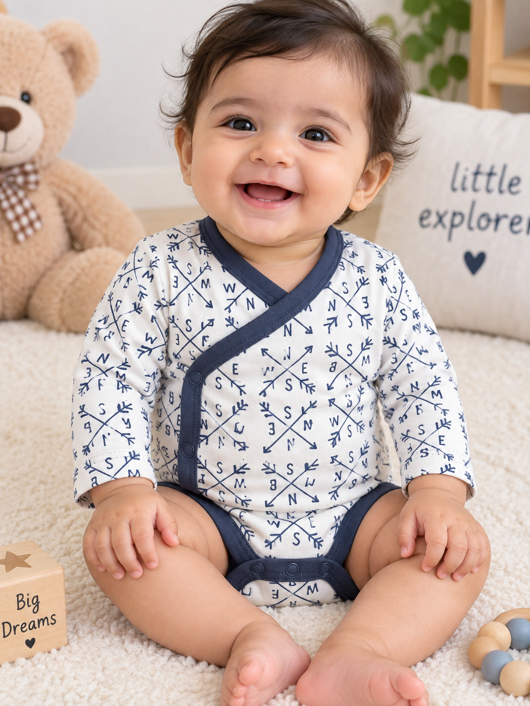 cream-white with navy blue printed designs and navy blue border romper