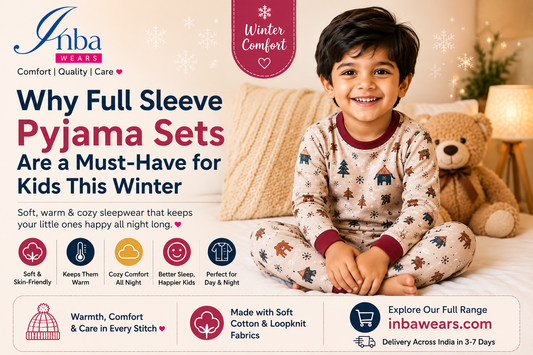 Inba Wears winter blog banner featuring a smiling child wearing a soft full sleeve cotton pyjama set in a cozy bedroom, highlighting the benefits of warm, skin-friendly sleepwear for kids during winter.