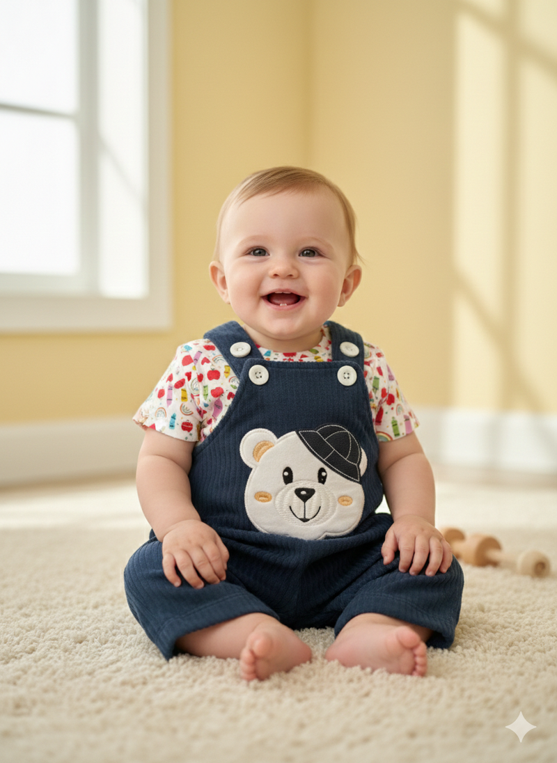 Dark blue with bear- Baby Dungaree