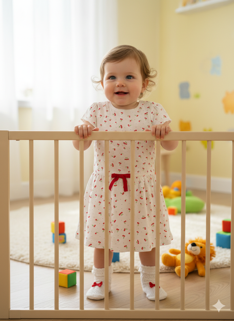 White with small red 🍒 cherry-Baby sleeveless Frock
