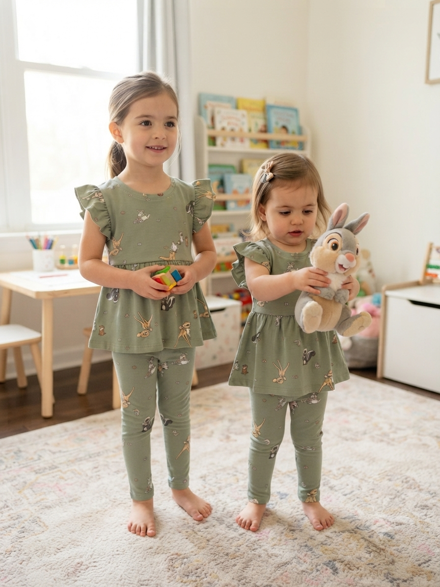 Sage green with cartoon woodland characters21/8-Peplum Girls set