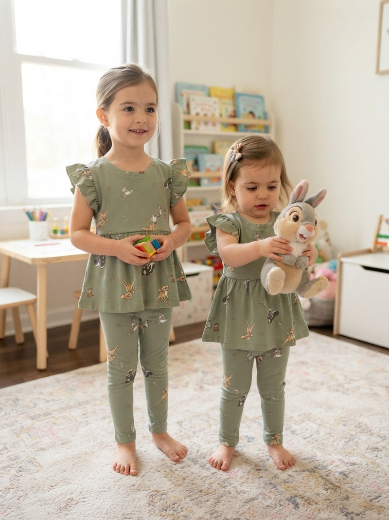 Sage green with cartoon woodland characters21/8-Peplum Girls set
