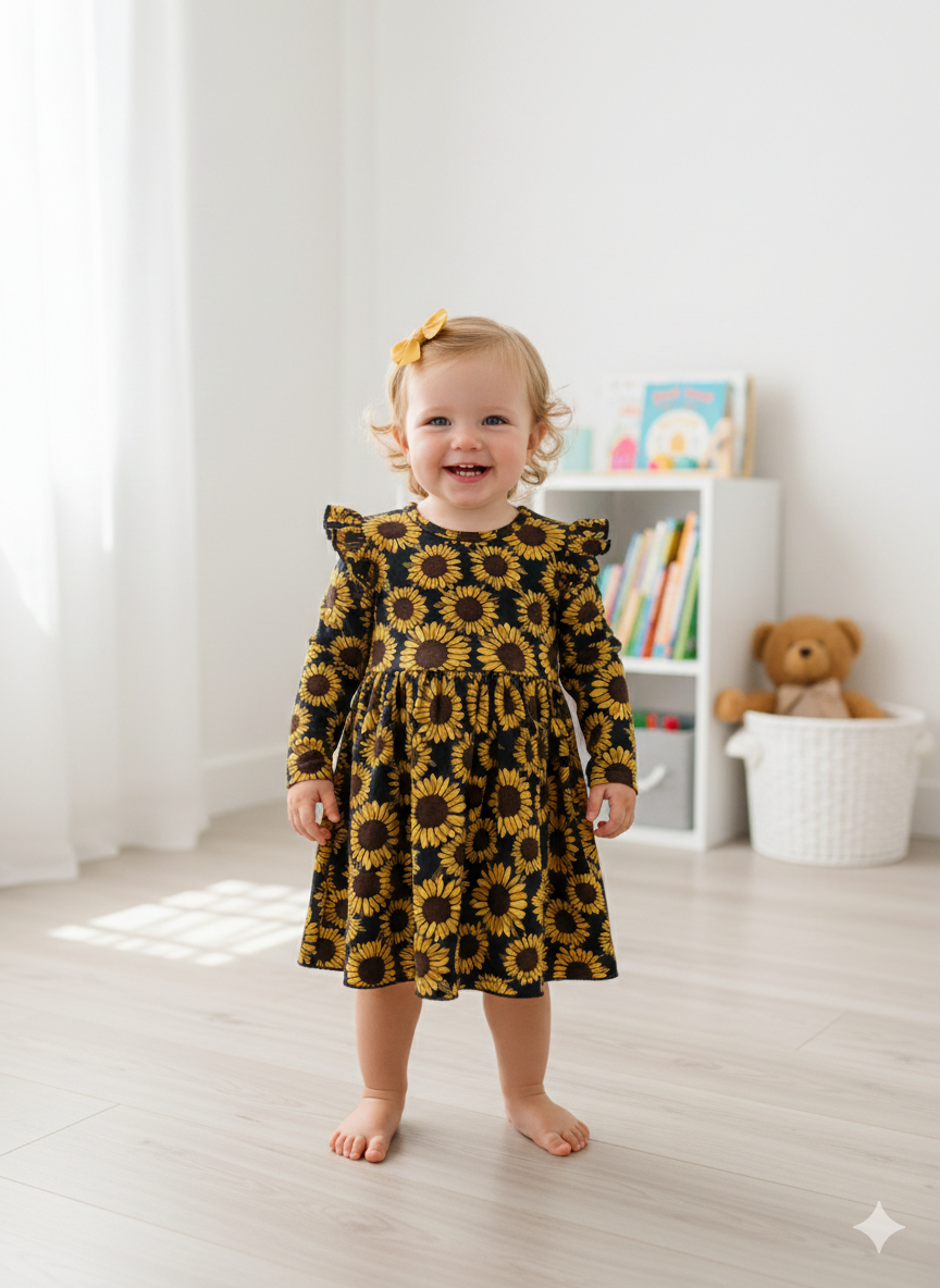 Black with sunflower -Onesies  full sleeve frock